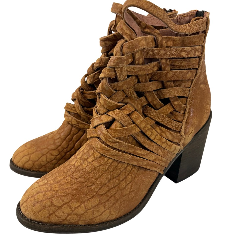 Free People Carrera Woven Leather Boot Women's EU 38 US 7.5 Tan Cognac 3" Heel